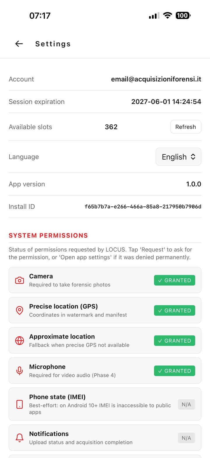 LOCUS — Settings and system permissions