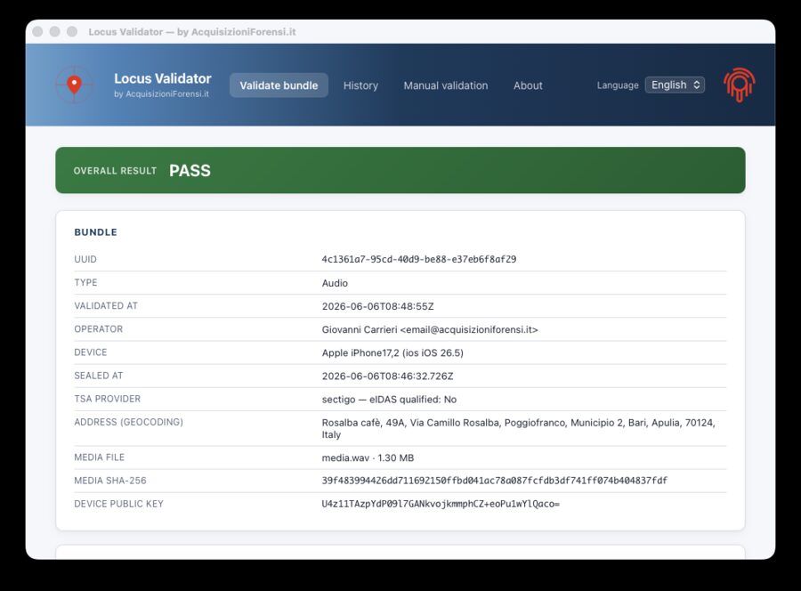 Locus Validator — list of passed checks (BagIt, triple hash, RFC 3161 timestamp, Ed25519 signature, provenance LOCUS-PROV, CASE/UCO, temporal coherence)