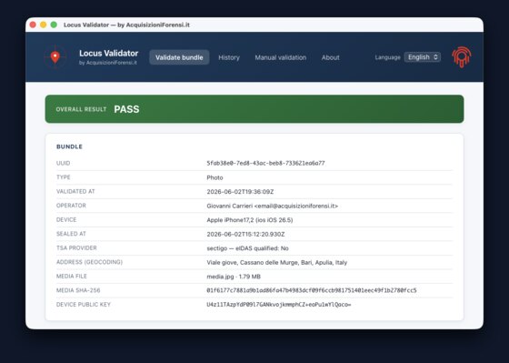 Locus Validator — PASS result and bundle data (UUID, operator, device, TSA, media hash, public key)