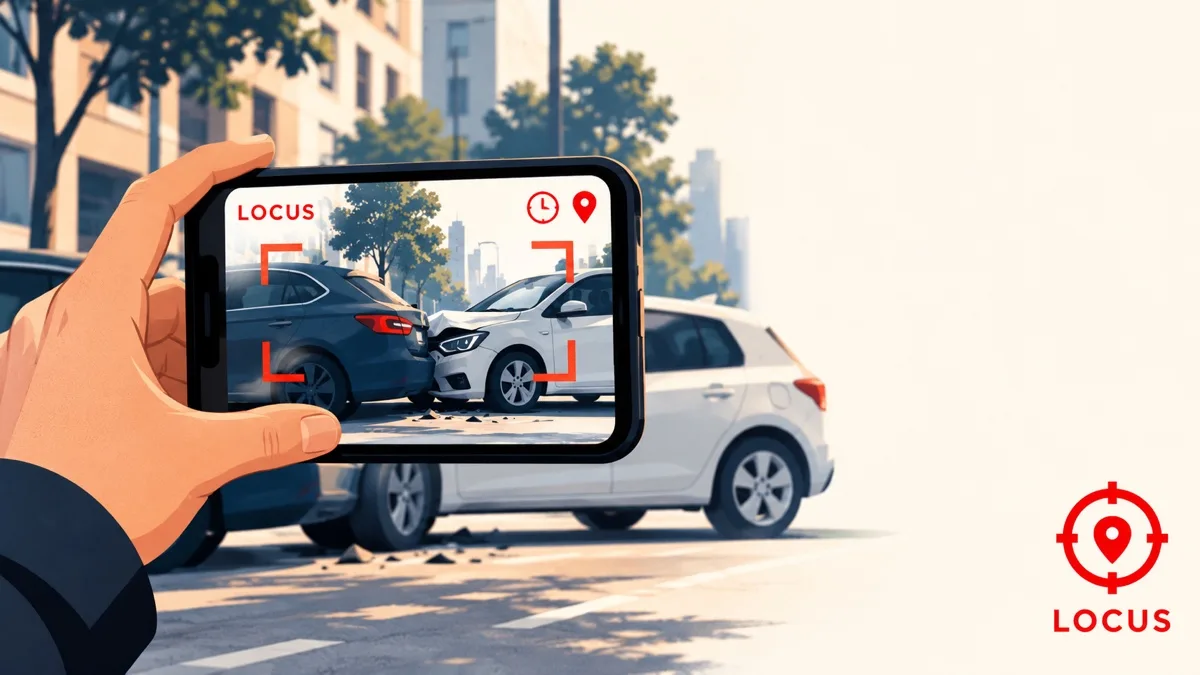 Illustration: two cars stopped after a rear-end collision on an urban road, seen from behind a smartphone framing the scene; on the screen the LOCUS logo, a clock and a map pin