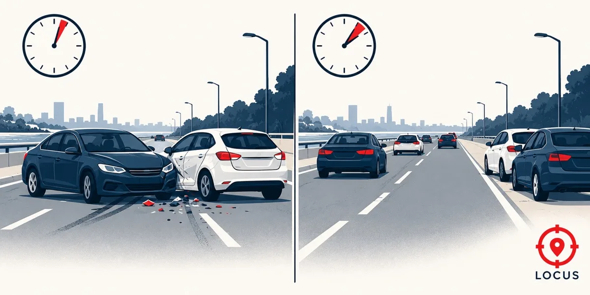 Illustration: the same street in two panels, before and a few minutes after a minor collision; in the second the cars have been moved to the roadside and traffic is flowing