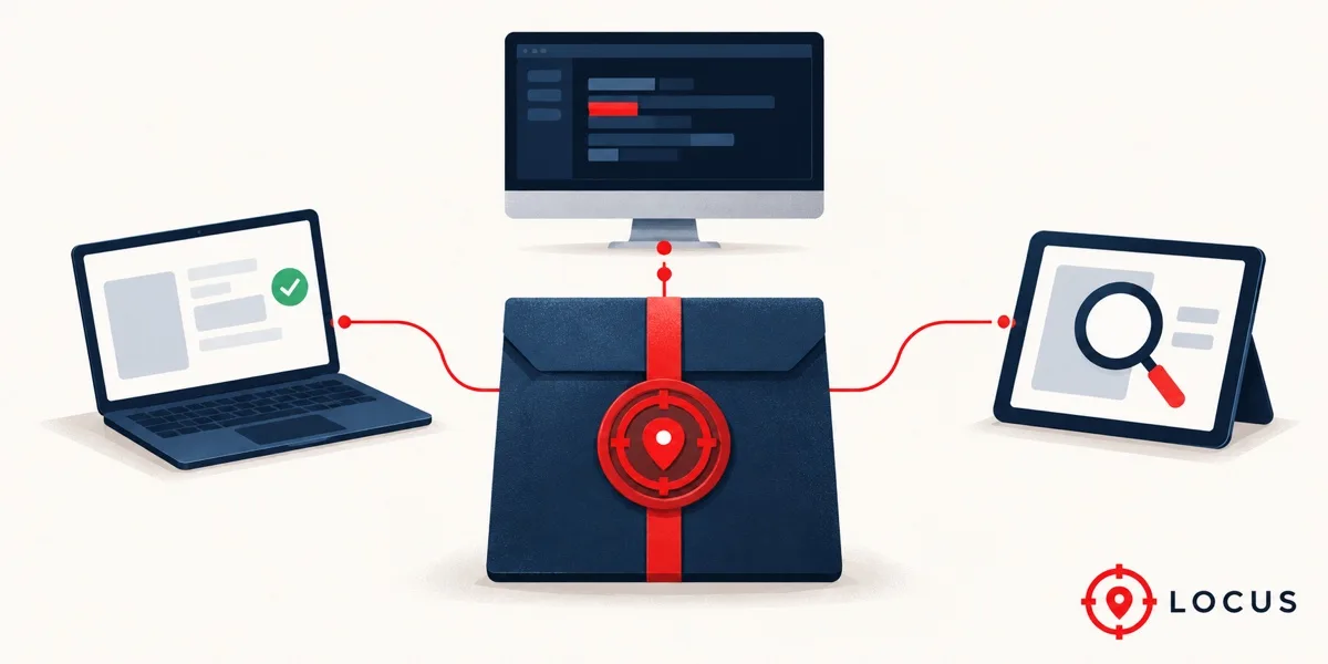 Illustration: a sealed package linked to three workstations, a laptop with a check mark, a desktop with a terminal window and a tablet with a magnifying glass
