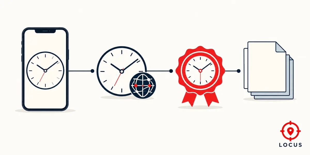 Illustration: a smartphone with a clock, a second network clock linked to it, and a red timestamp seal connected to a stack of sealed documents