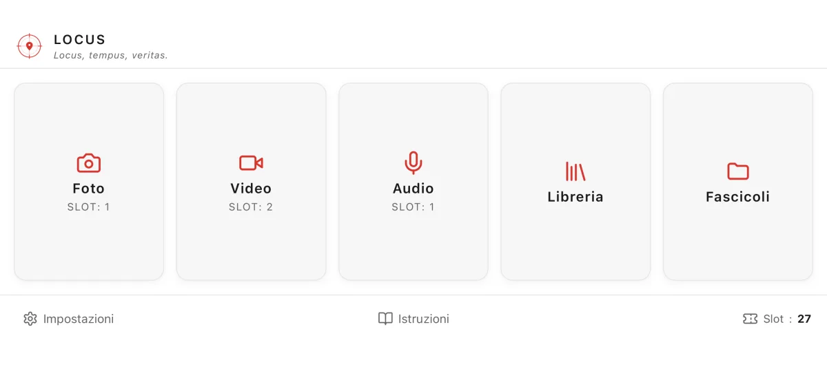 Schermata iniziale dell’app LOCUS: acquisizione di foto, video e audio con il costo in slot, Libreria e Fascicoli